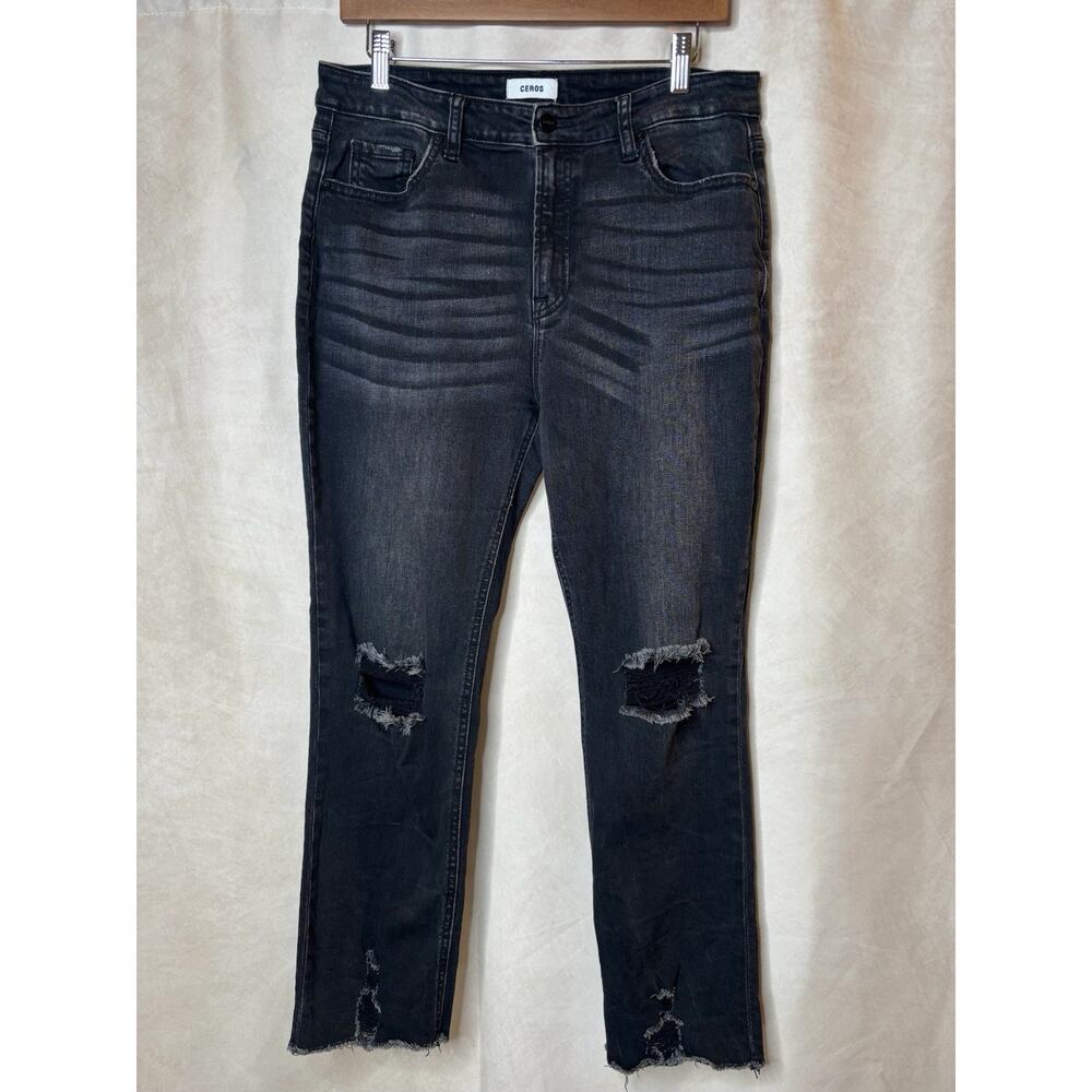 Ceros Black Cropped Jeans Size 30 Distressed Raw Hem Stretch Denim